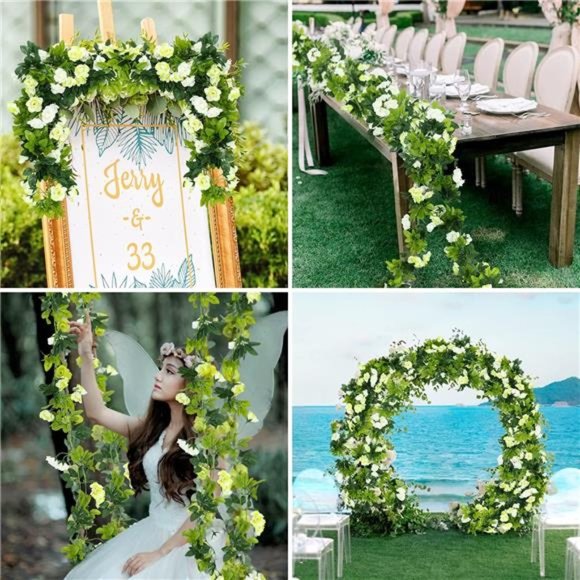 Artificial RoseVines Flower Garland Hanging Silk RoseVine Wedding,OffWhite+Green - Picture 2 of 6